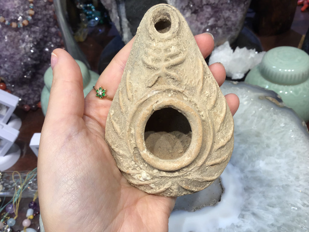 Ancient Judaic pottery oil lamp menorah