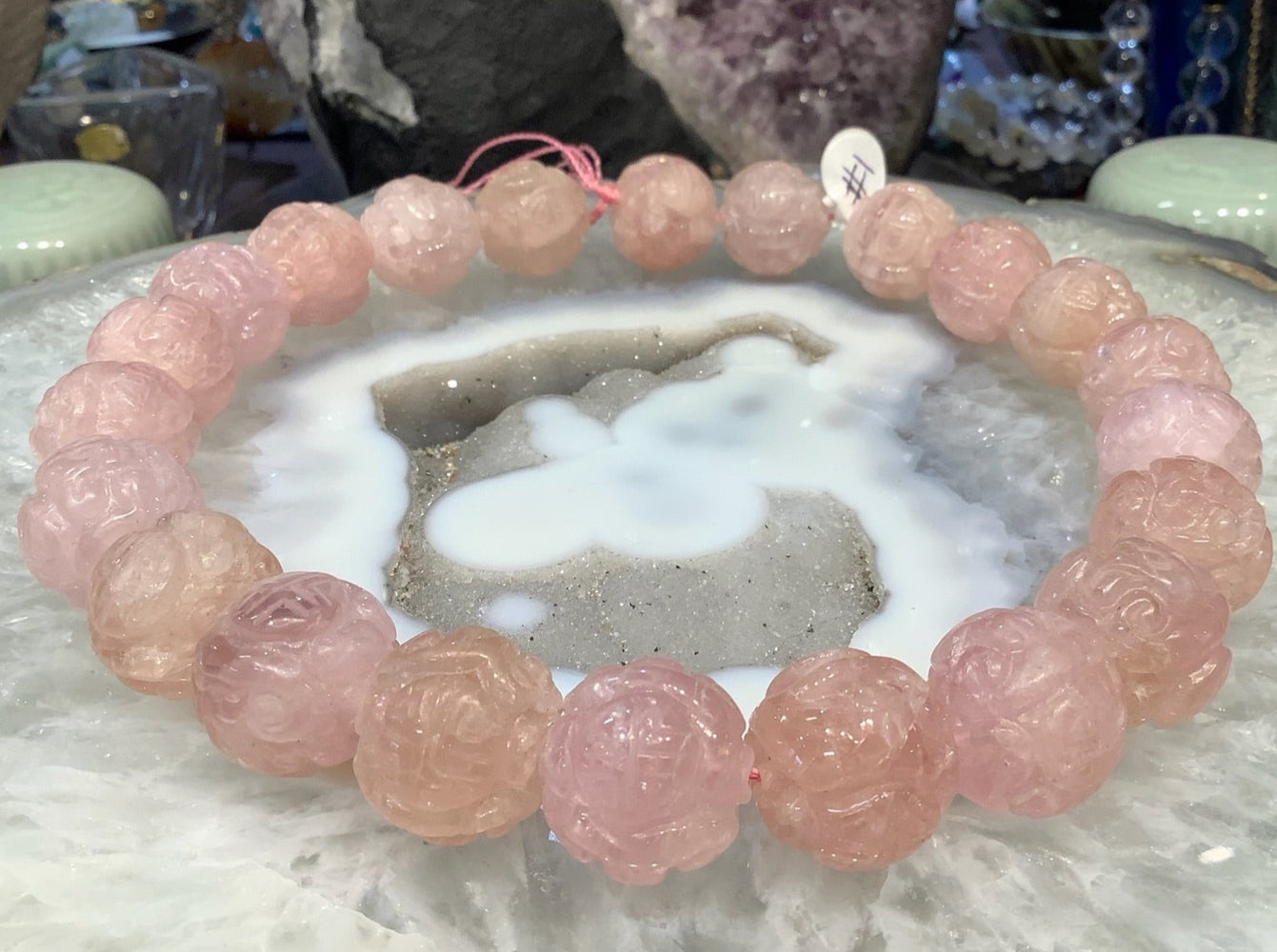 Beautiful Pink morganite large carved shou round gemstones beads
