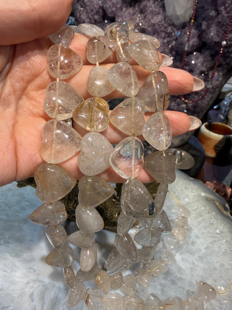 Gold rutile quartz heart 15-18mm gemstone beads