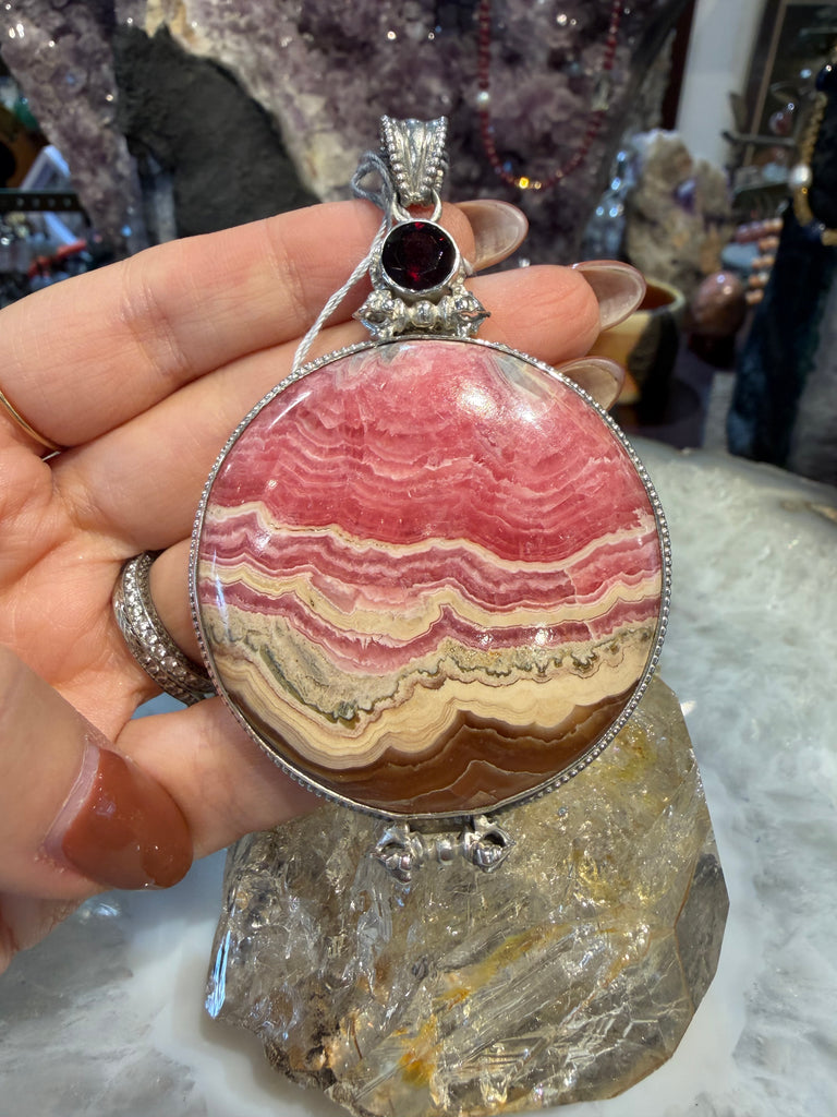 Beautiful Rhodochrosite & garnet Nepal sterling silver pendant
