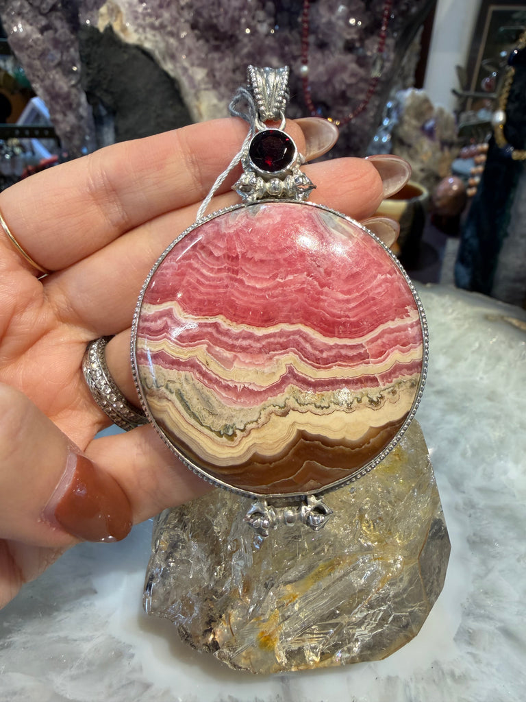 Beautiful Rhodochrosite & garnet Nepal sterling silver pendant