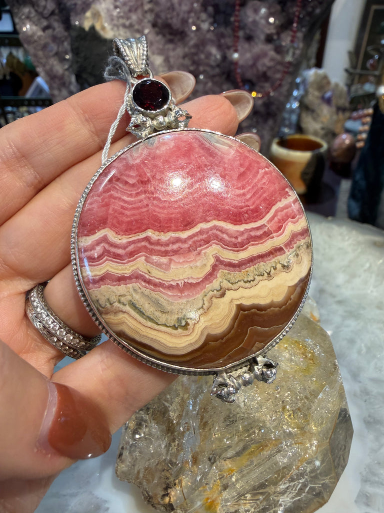 Beautiful Rhodochrosite & garnet Nepal sterling silver pendant