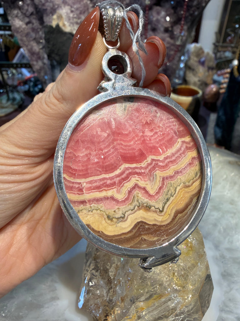 Beautiful Rhodochrosite & garnet Nepal sterling silver pendant