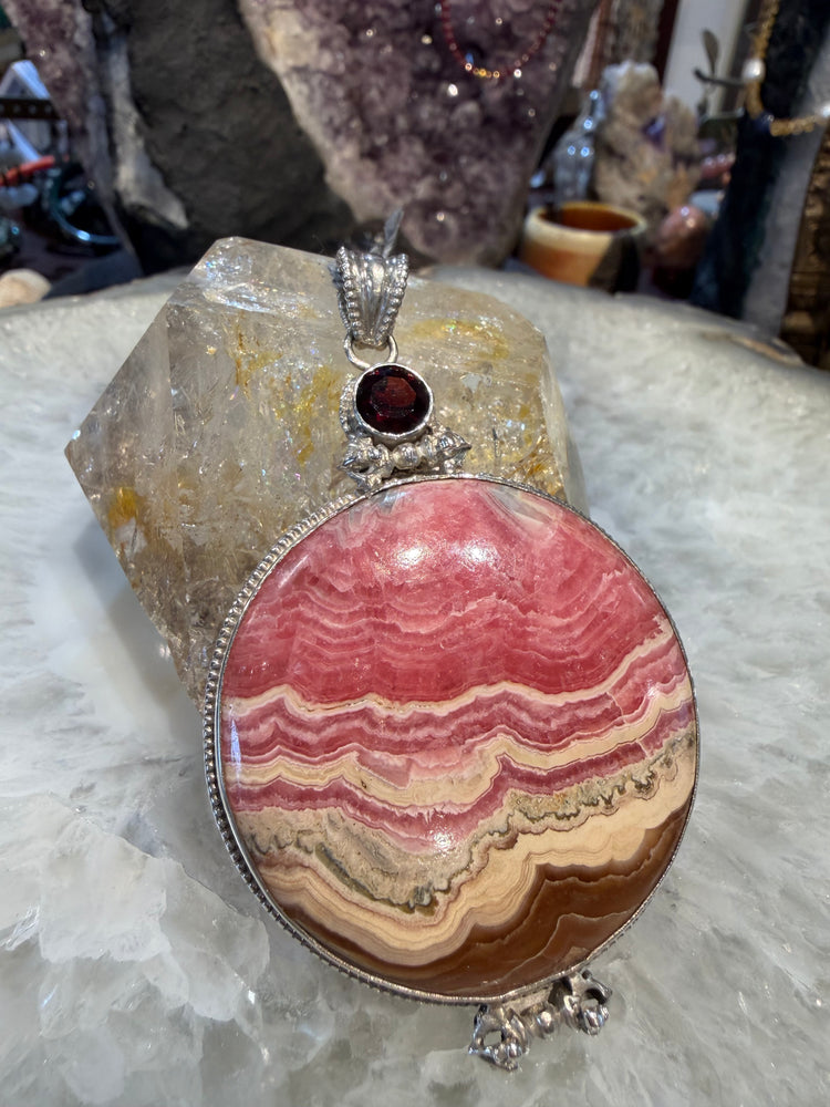 Beautiful Rhodochrosite & garnet Nepal sterling silver pendant