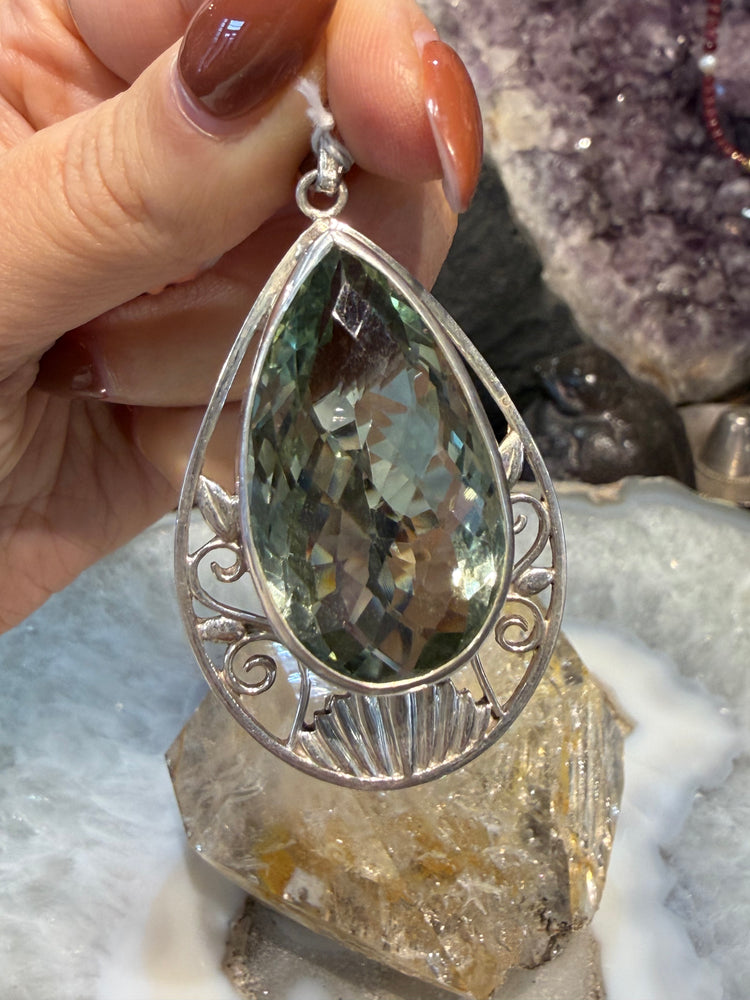 Praisiolite green amethyst Nepal sterling silver pendant