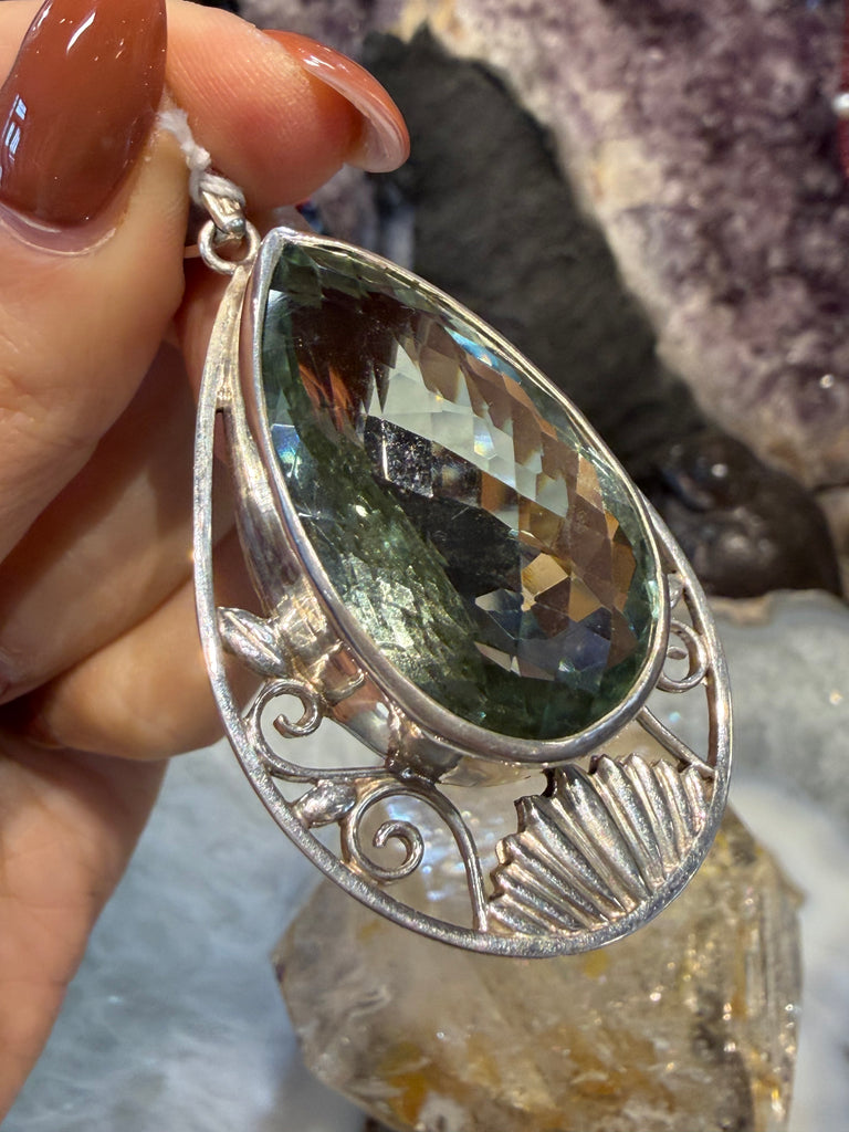 Praisiolite green amethyst Nepal sterling silver pendant