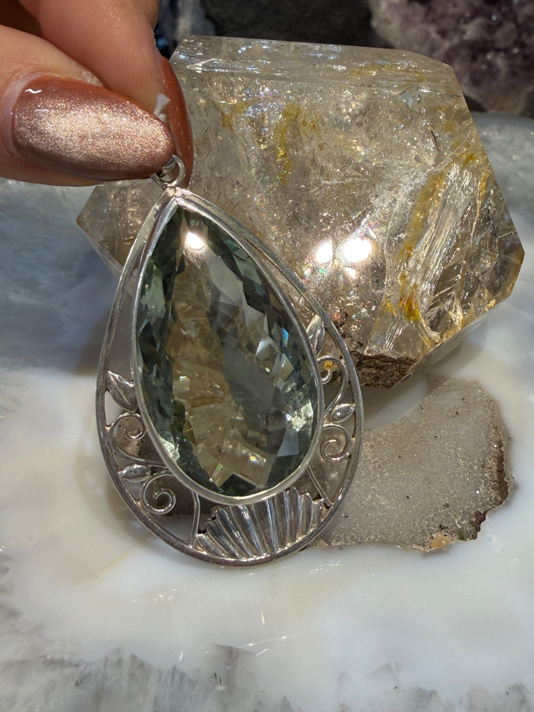 Praisiolite green amethyst Nepal sterling silver pendant