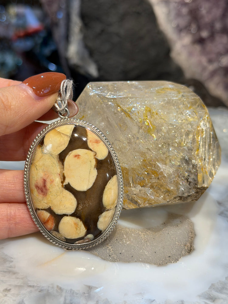 Peanut wood fossil Nepal sterling silver pendant