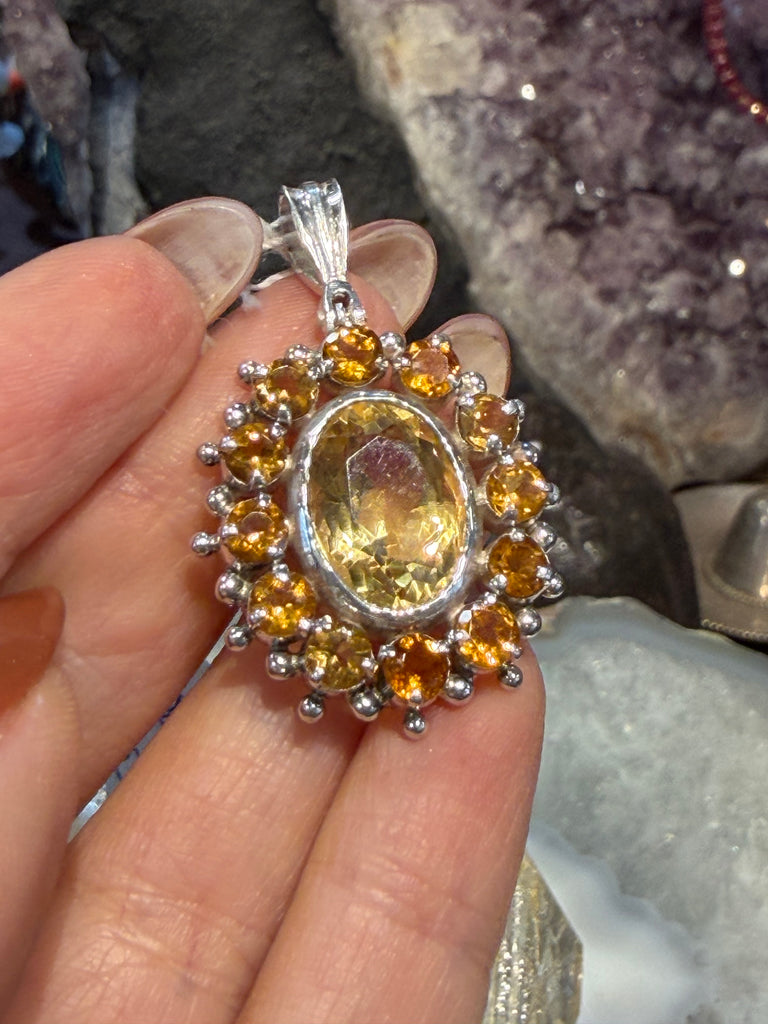 Citrine & spessartine garnet  gem Nepal sterling silver gemstone pendant