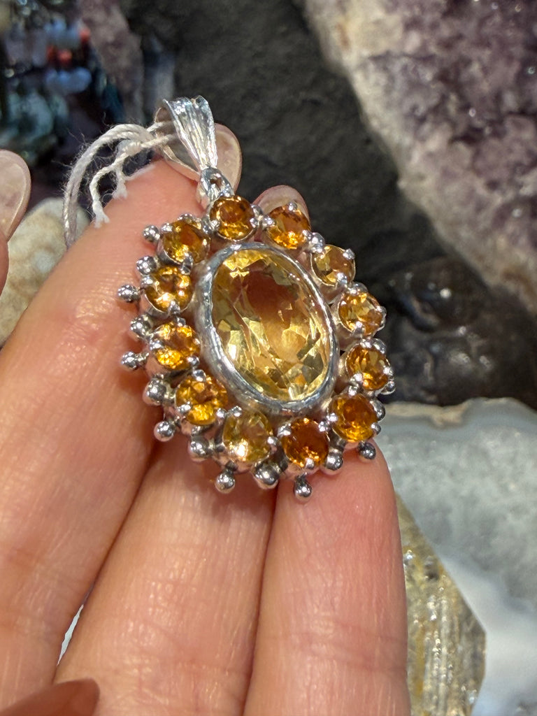 Citrine & spessartine garnet  gem Nepal sterling silver gemstone pendant