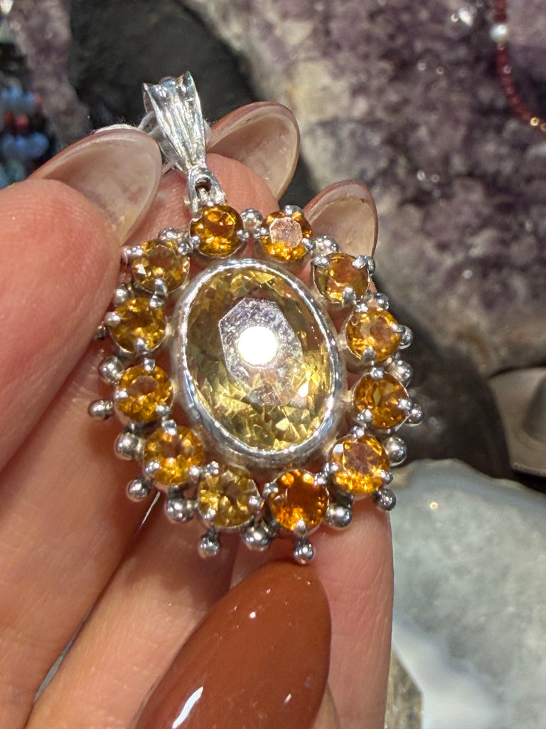 Citrine & spessartine garnet  gem Nepal sterling silver gemstone pendant
