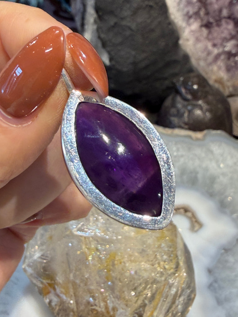 Amethyst deep grape marquis Nepal sterling silver pendant