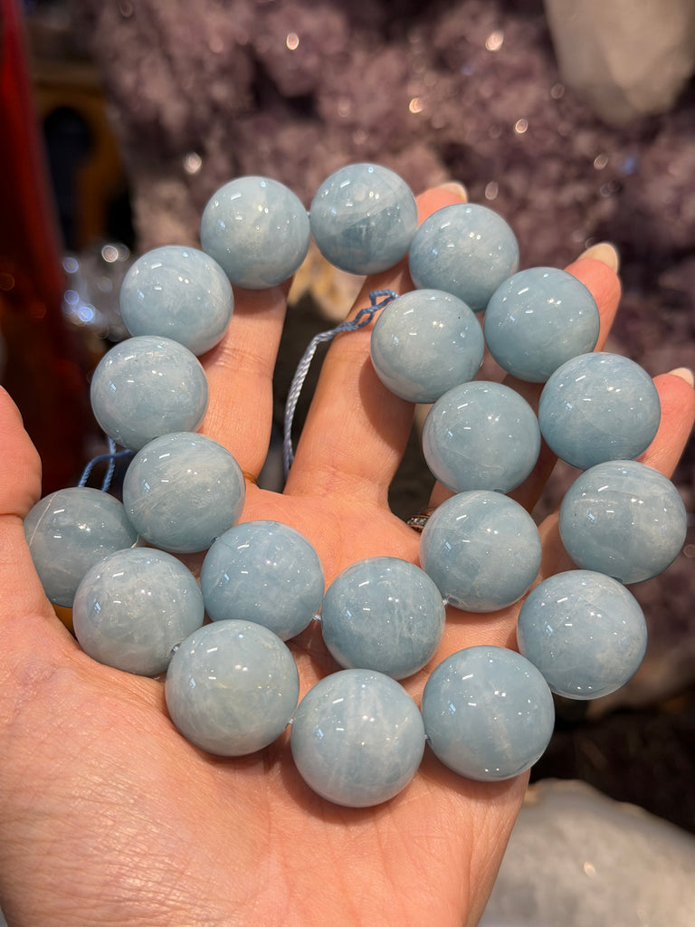 20mm Natural Cat’s Eye Blue Aquamarine Round Gemstone Beads
