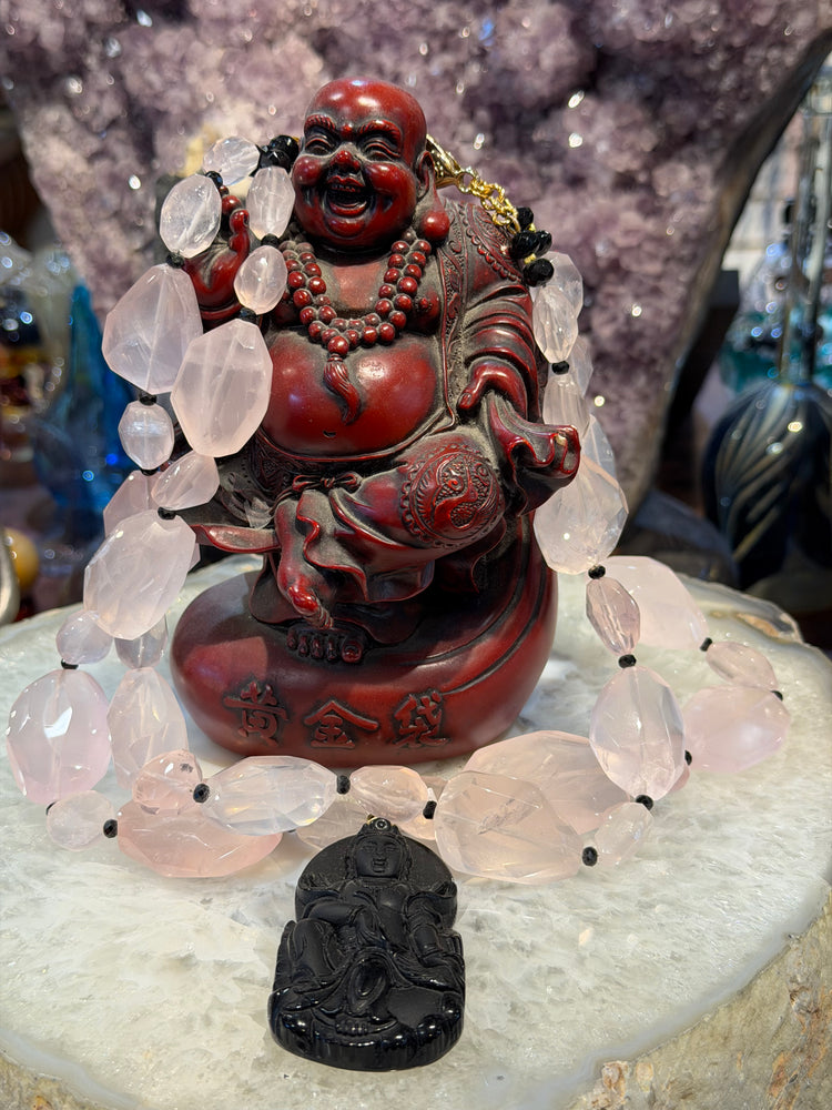 Exquisite Madagascar Rose Quartz and Carved Onyx Ganesha Gemstone Necklace