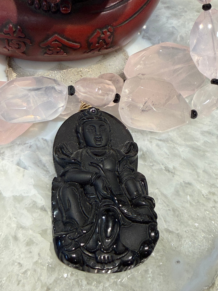 Exquisite Madagascar Rose Quartz and Carved Onyx Ganesha Gemstone Necklace