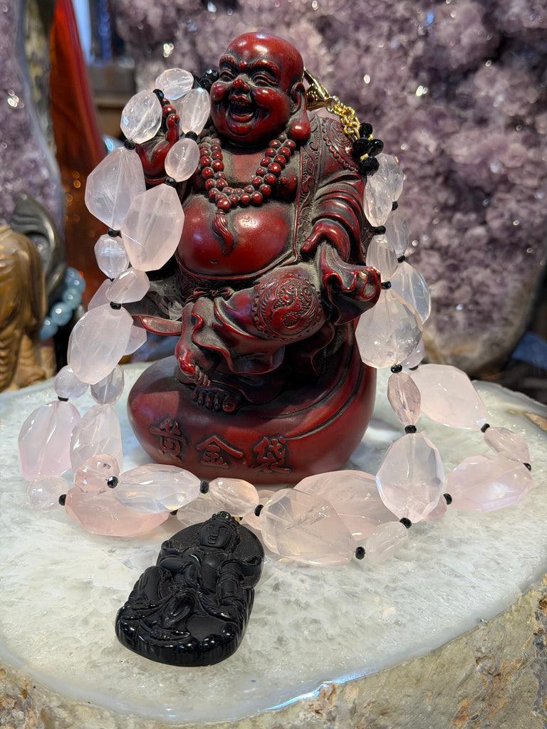Exquisite Madagascar Rose Quartz and Carved Onyx Ganesha Gemstone Necklace