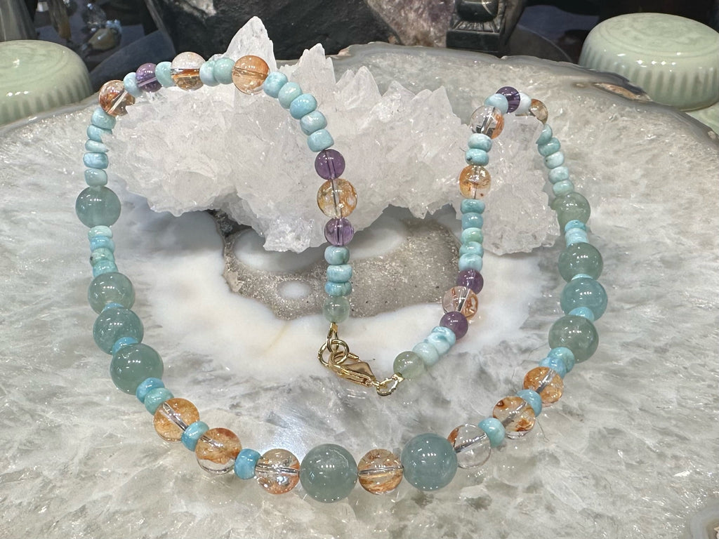 Beautiful Aquamarine , Larimar & rare multi gemstone necklace
