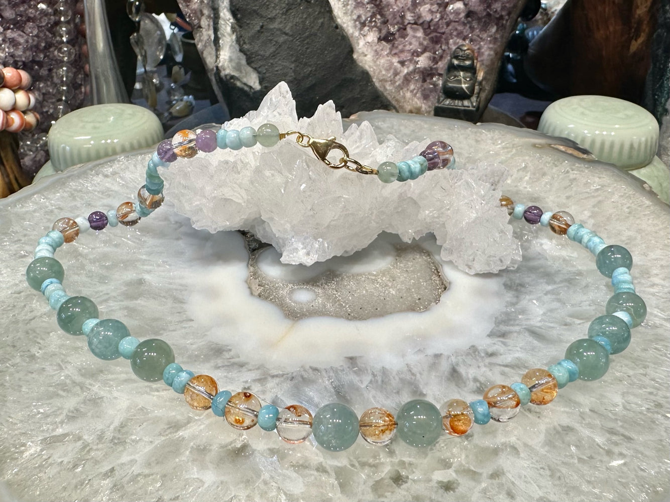 Beautiful Aquamarine , Larimar & rare multi gemstone necklace