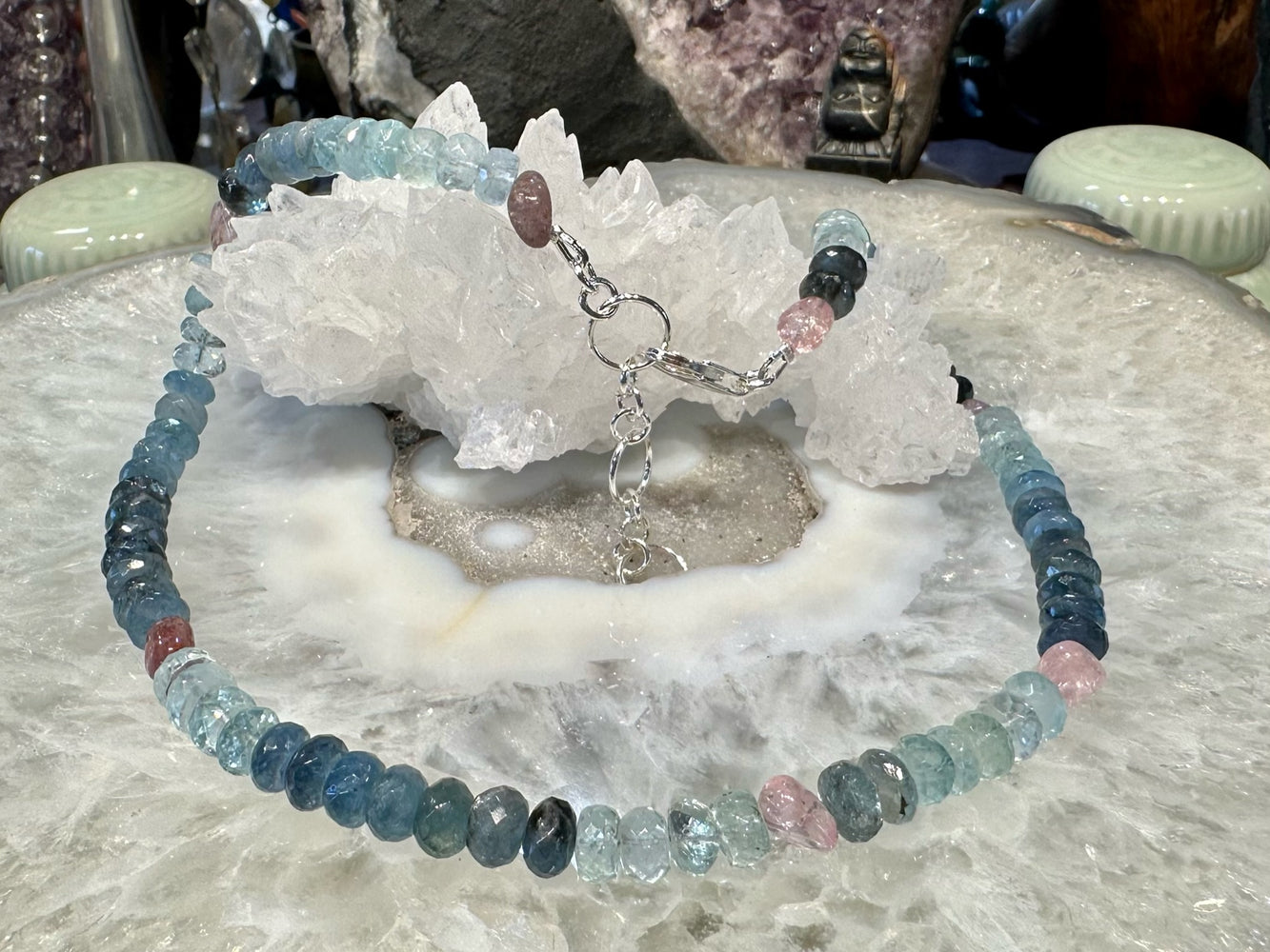 Stunning gem Aquamarine & pink spinel gemstone necklace