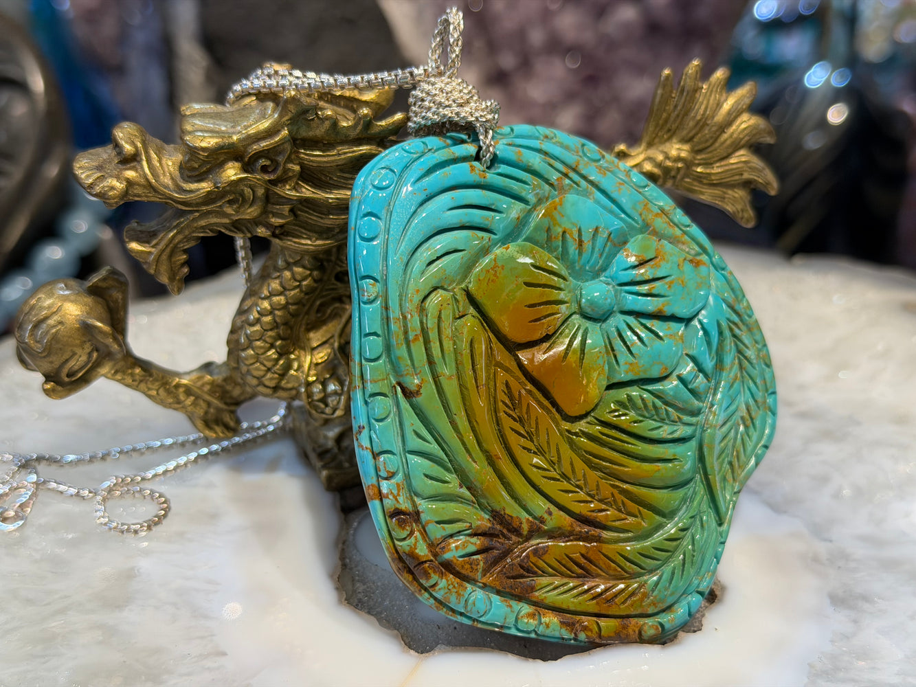 Rare stunning Huge Carved natural turquoise pendant