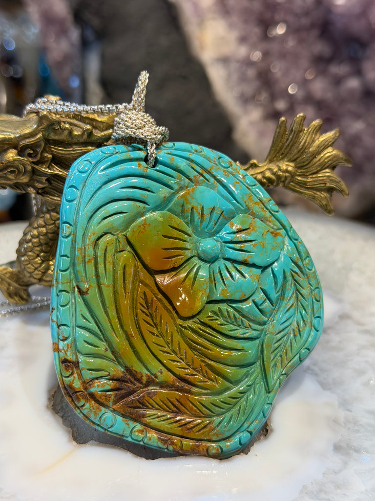 Rare stunning Huge Carved natural turquoise pendant