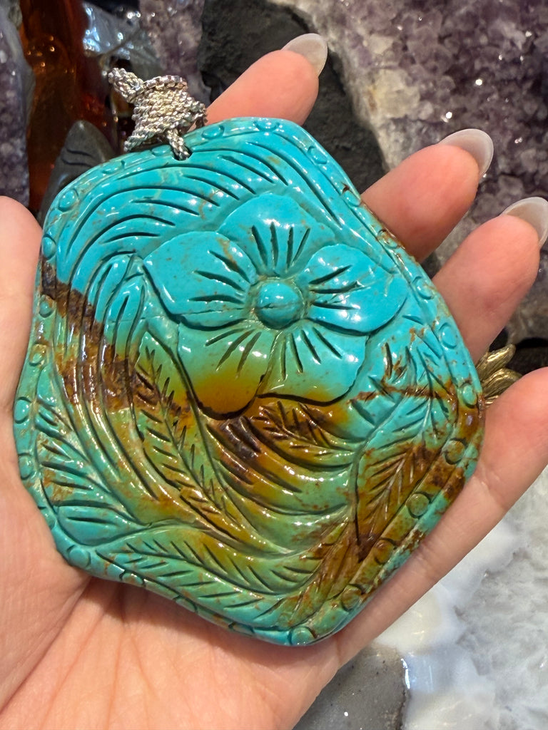 Rare stunning Huge Carved natural turquoise pendant