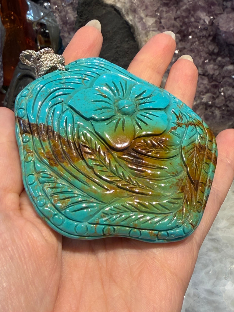 Rare stunning Huge Carved natural turquoise pendant