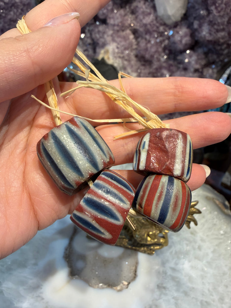 4 antique African glass chevron beads