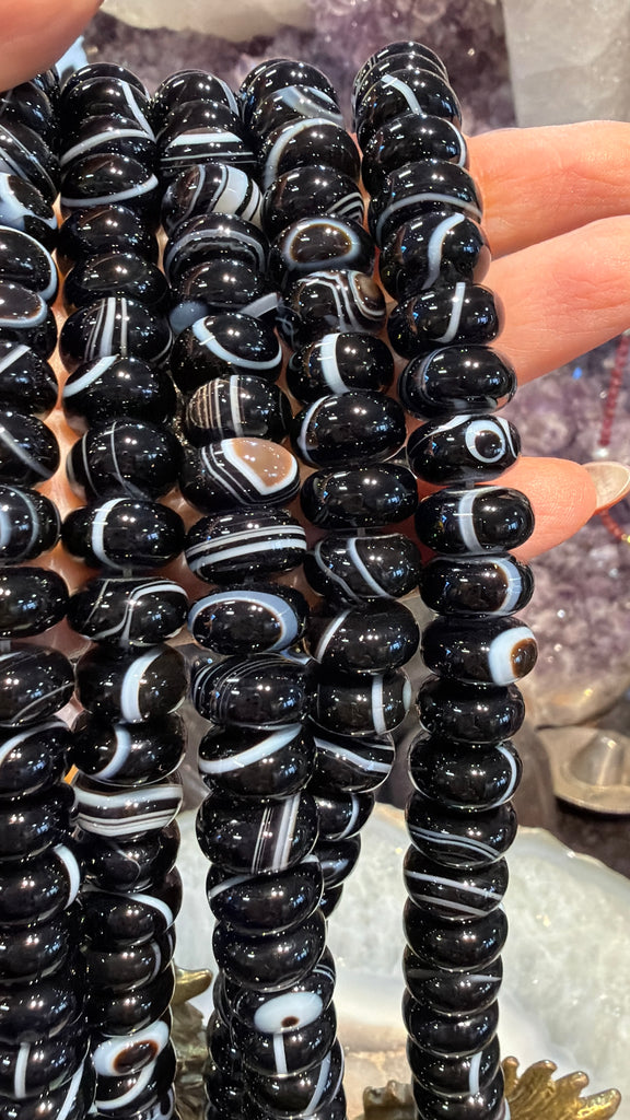Banded black agate eye 12mm smooth rondelle gemstone