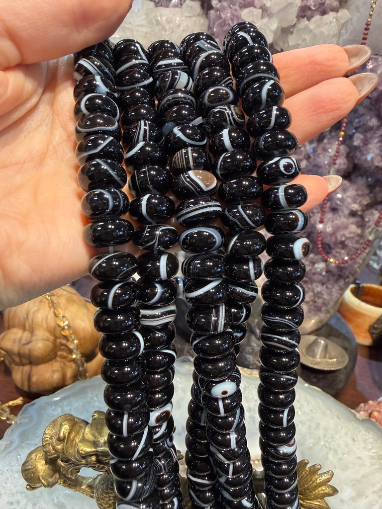 Banded black agate eye 12mm smooth rondelle gemstone