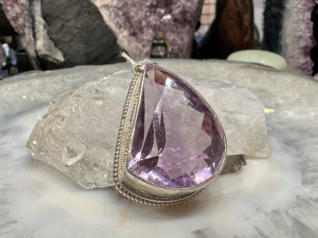 Large amethyst faceted Nepal sterling silver pendant