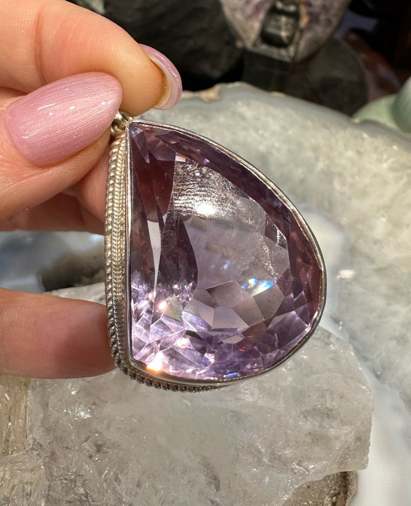 Large amethyst faceted Nepal sterling silver pendant
