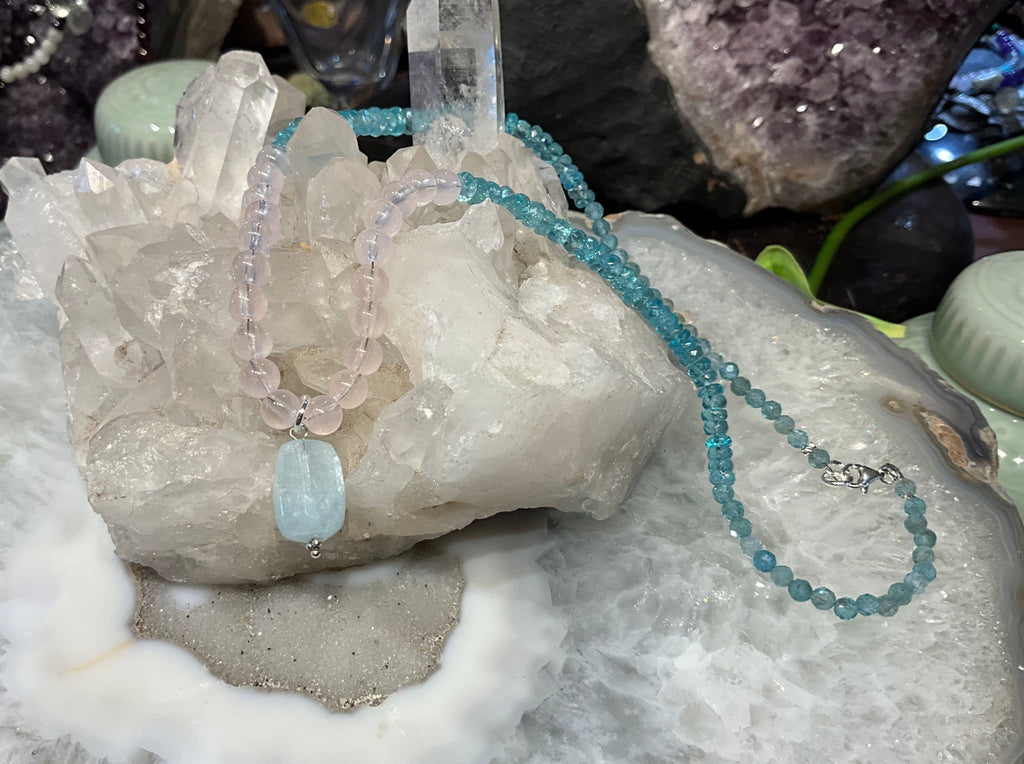 Madagascar Rose Quartz & Aqua Blue Faceted Gemstone Necklace
