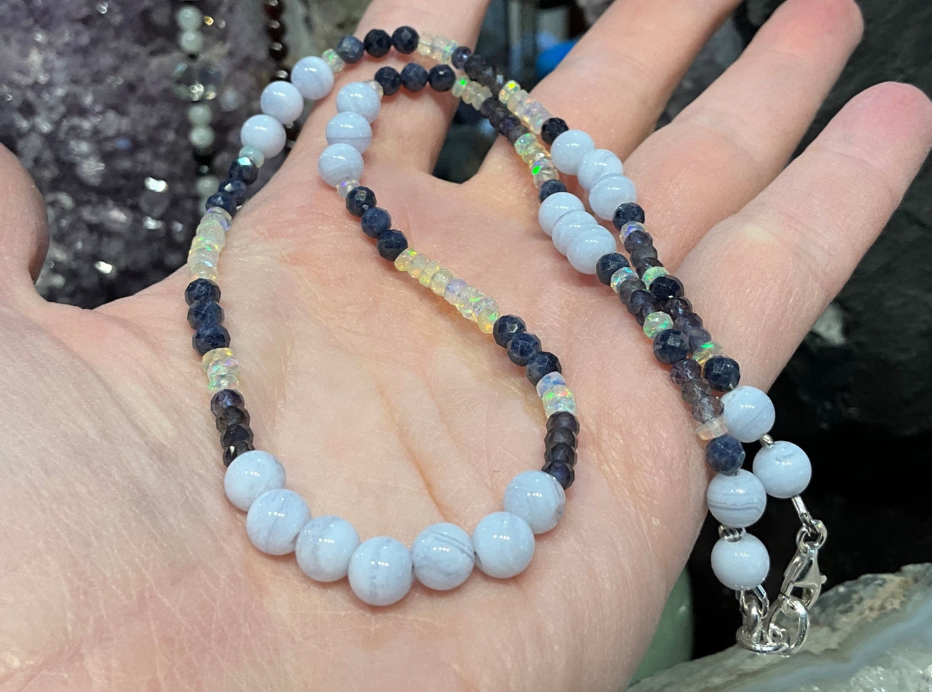 Blue Sapphire, Ethiopian Opal & Blue Lace Agate Gemstone Necklace