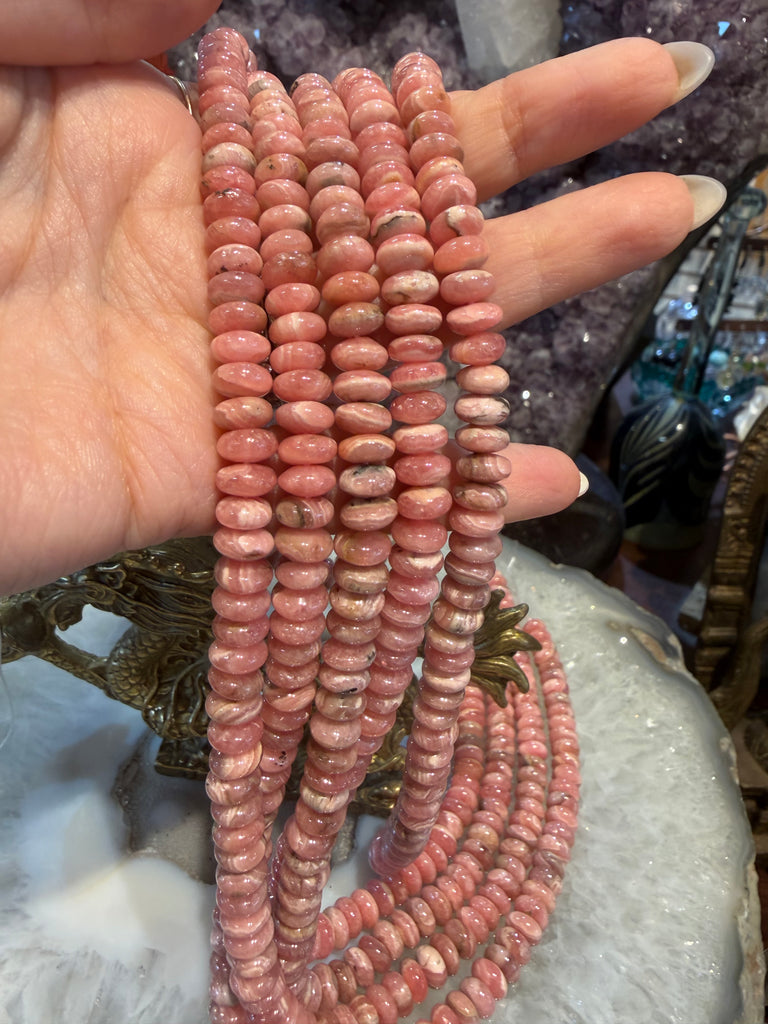 Beautiful Rhodochrosite 7.5mm matrix smooth rondelle gemstone