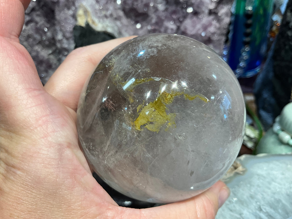 72mm Natural Rock Crystal with Golden Healer Round Gemstone Sphere Healing Sphere