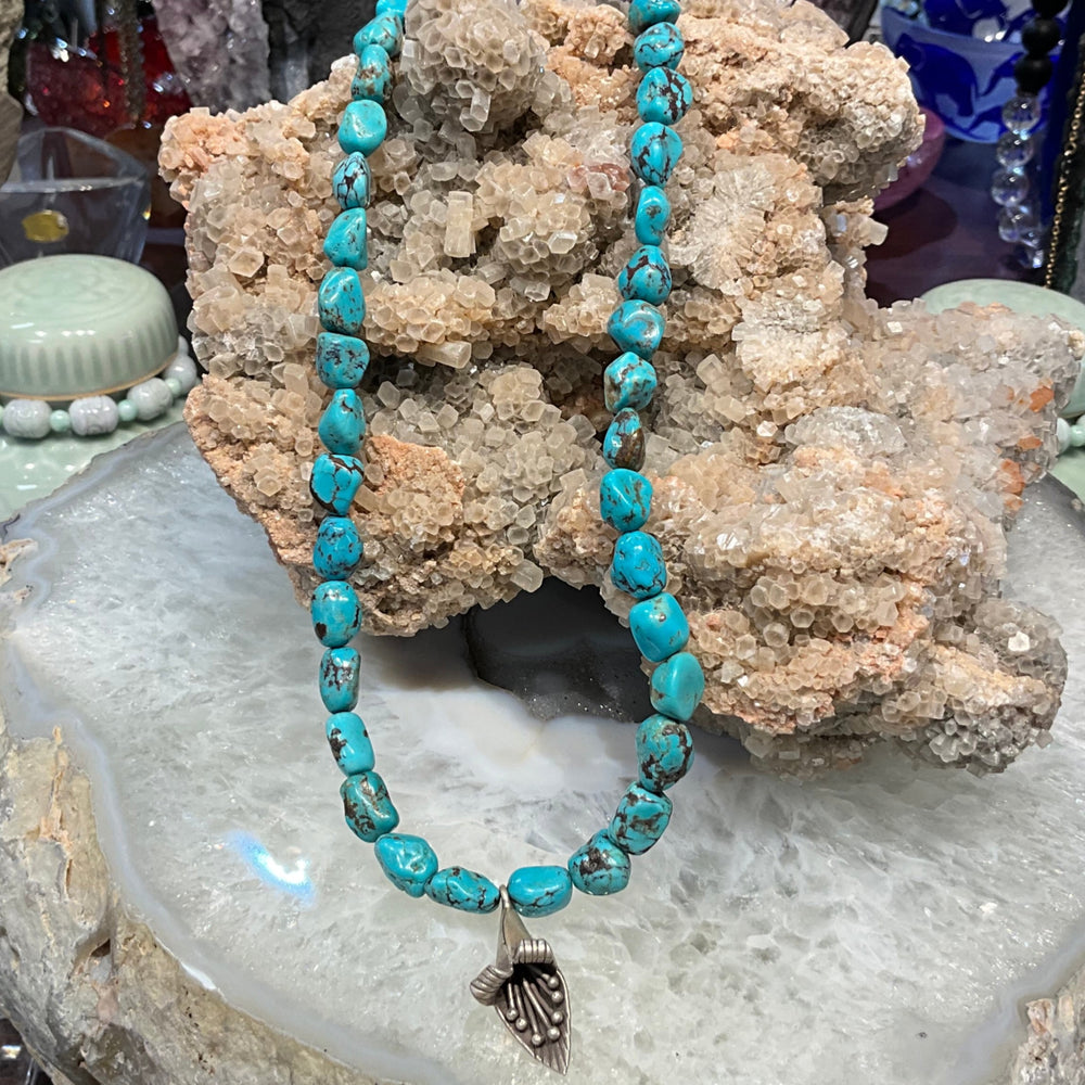 Beautiful Natural Turquoise Nugget Gemstone Necklace with Sterling Flower