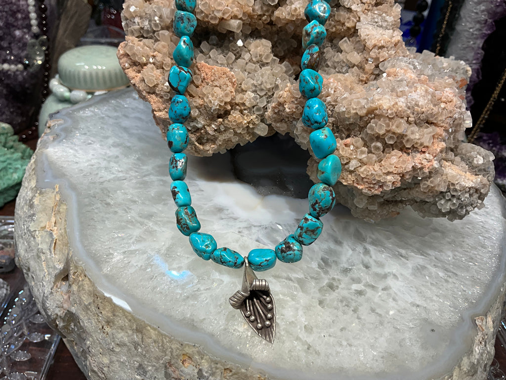 Beautiful Natural Turquoise Nugget Gemstone Necklace with Sterling Flower