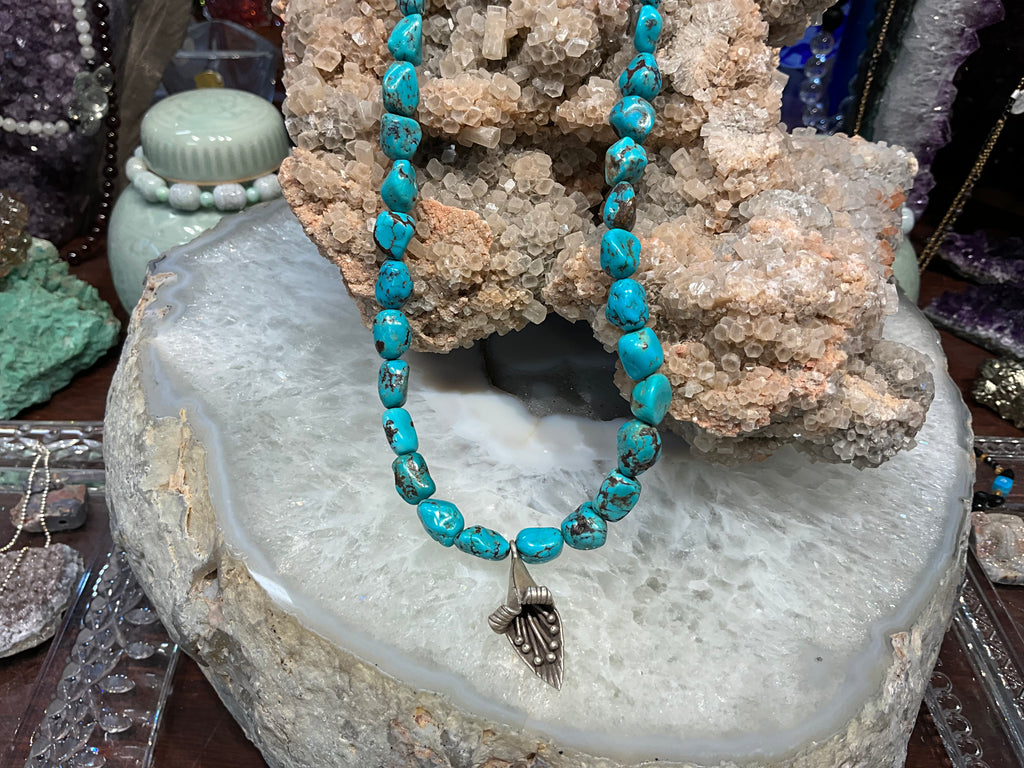 Beautiful Natural Turquoise Nugget Gemstone Necklace with Sterling Flower