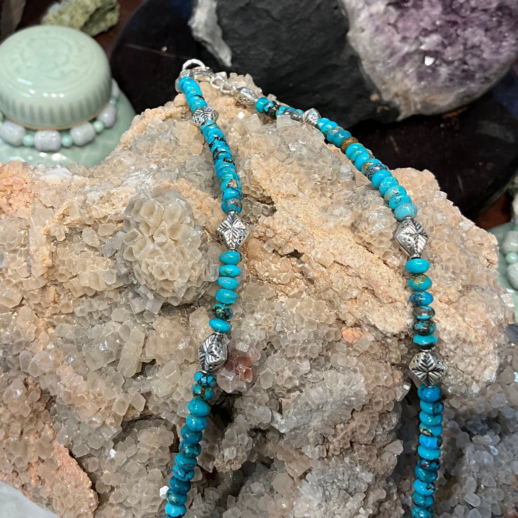Beautiful Natural Turquoise Rondelle & Silver Beads Gemstone Necklace