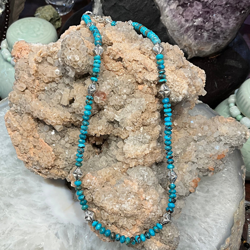 Beautiful Natural Turquoise Rondelle & Silver Beads Gemstone Necklace