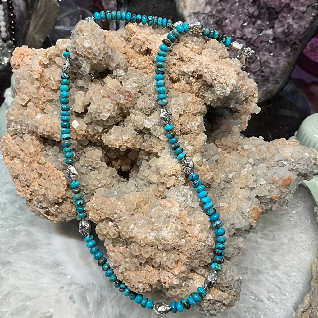 Beautiful Natural Turquoise Rondelle & Silver Beads Gemstone Necklace