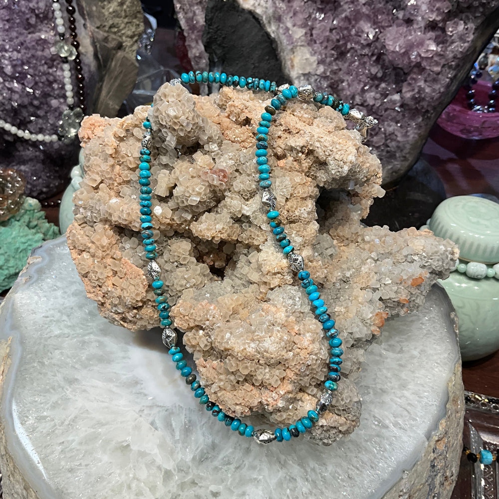 Beautiful Natural Turquoise Rondelle & Silver Beads Gemstone Necklace