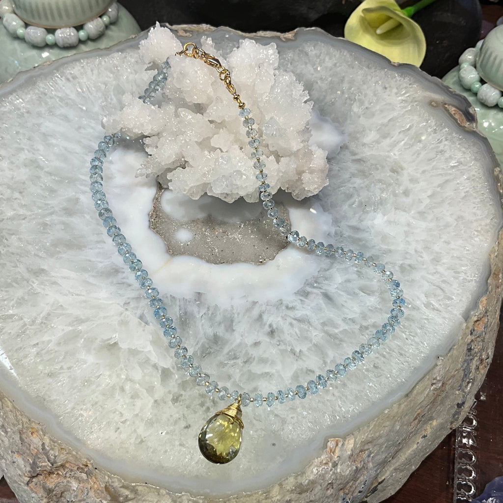 Gorgeous Faceted Aquamarine & Lemon Quartz Pendant Gemstone Necklace