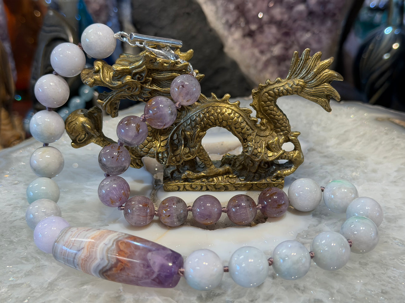 Gorgeous Jadeite lavender jade & auralite gemstone necklace