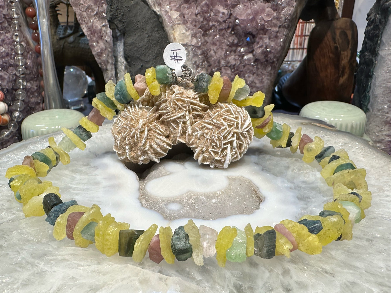 Rare rough yellow brucite & multicolour tourmaline gemstone #1 beads
