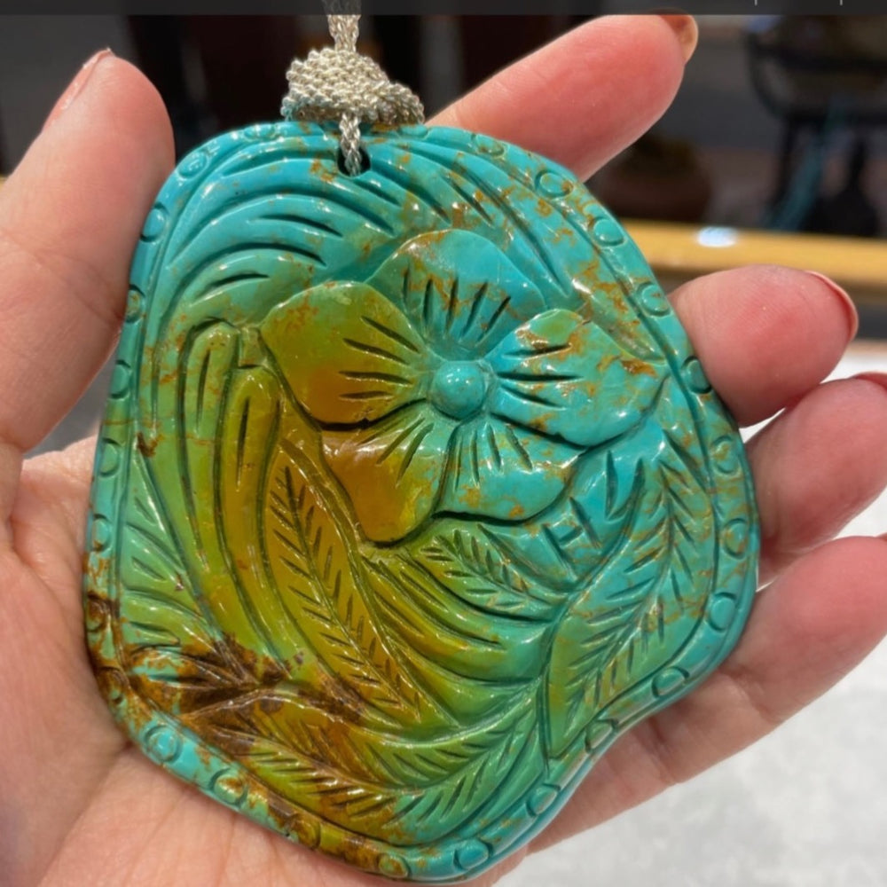 Stunning Large Natural Hand Carved Blue Turquoise Floral Gemstone Pendant