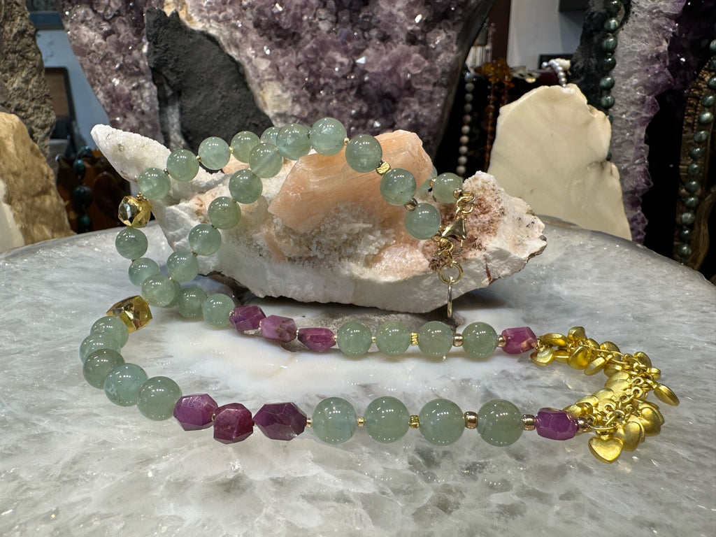 Beautiful Green Aquamarine, Faceted Ruby & Pyrite Gemstone Necklace