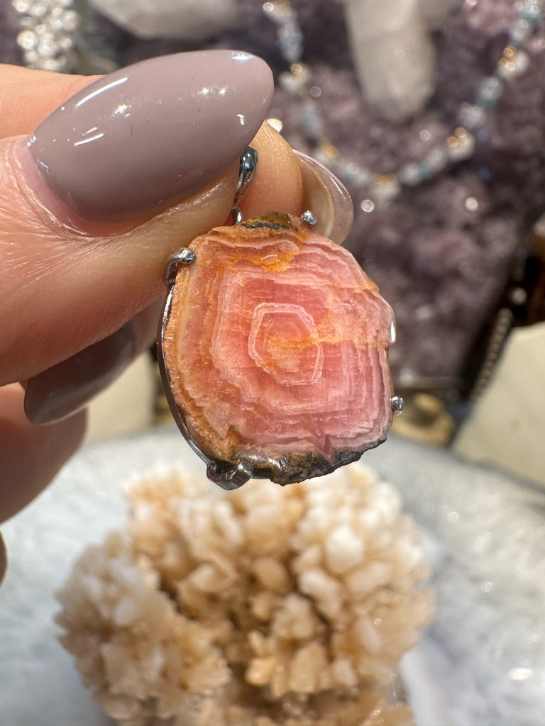 Stunning Pink Stalactite Rhodochrosite Slice Sterling Silver Gemstone Pendant #2