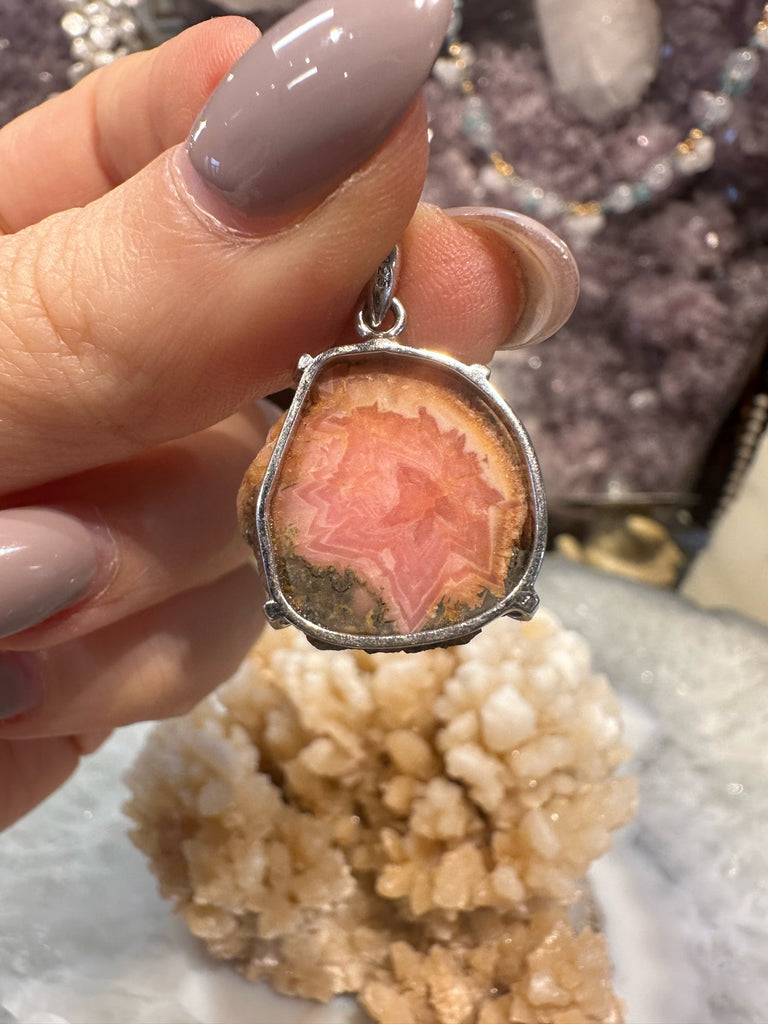 Stunning Pink Stalactite Rhodochrosite Slice Sterling Silver Gemstone Pendant #2
